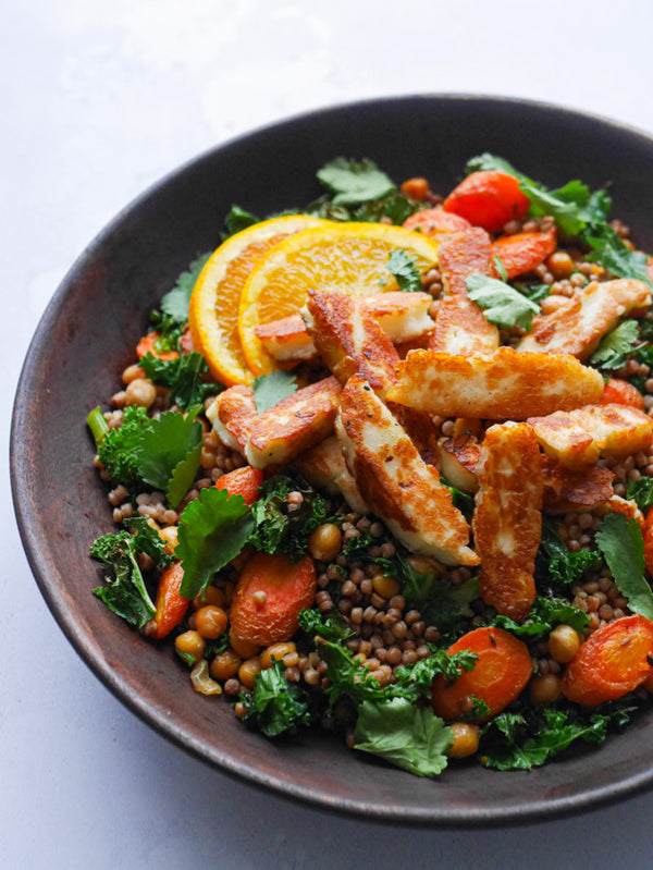 Halloumi Couscous with Chickpeas & Roasted Carrots