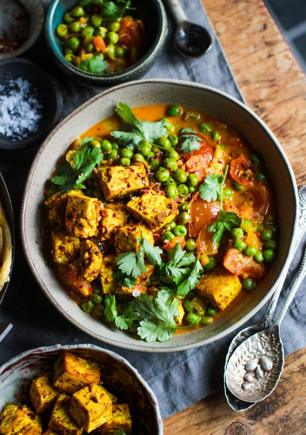 Pea & Tomato Curry with spiced Tofu & Flatbreads - Rebel Recipes