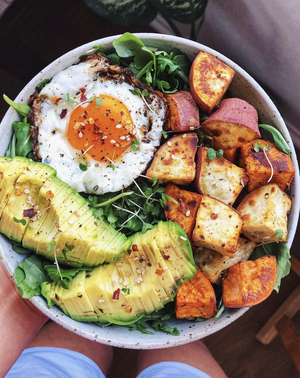 Greens, Sweet Potato, And Fried Egg Bowl