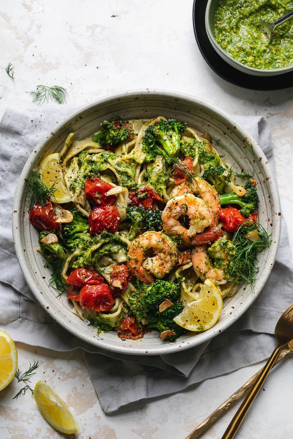 Shrimp Pasta with Dill Pesto and Garlic Roasted Tomatoes